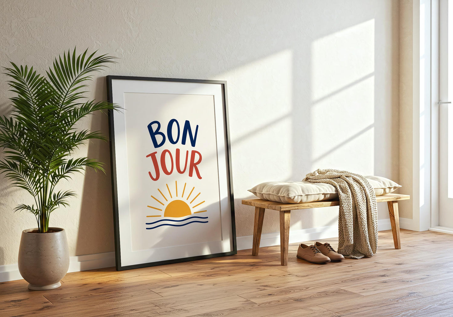 Scandinavian-inspired French wall art with clean typography and warm neutral colours.