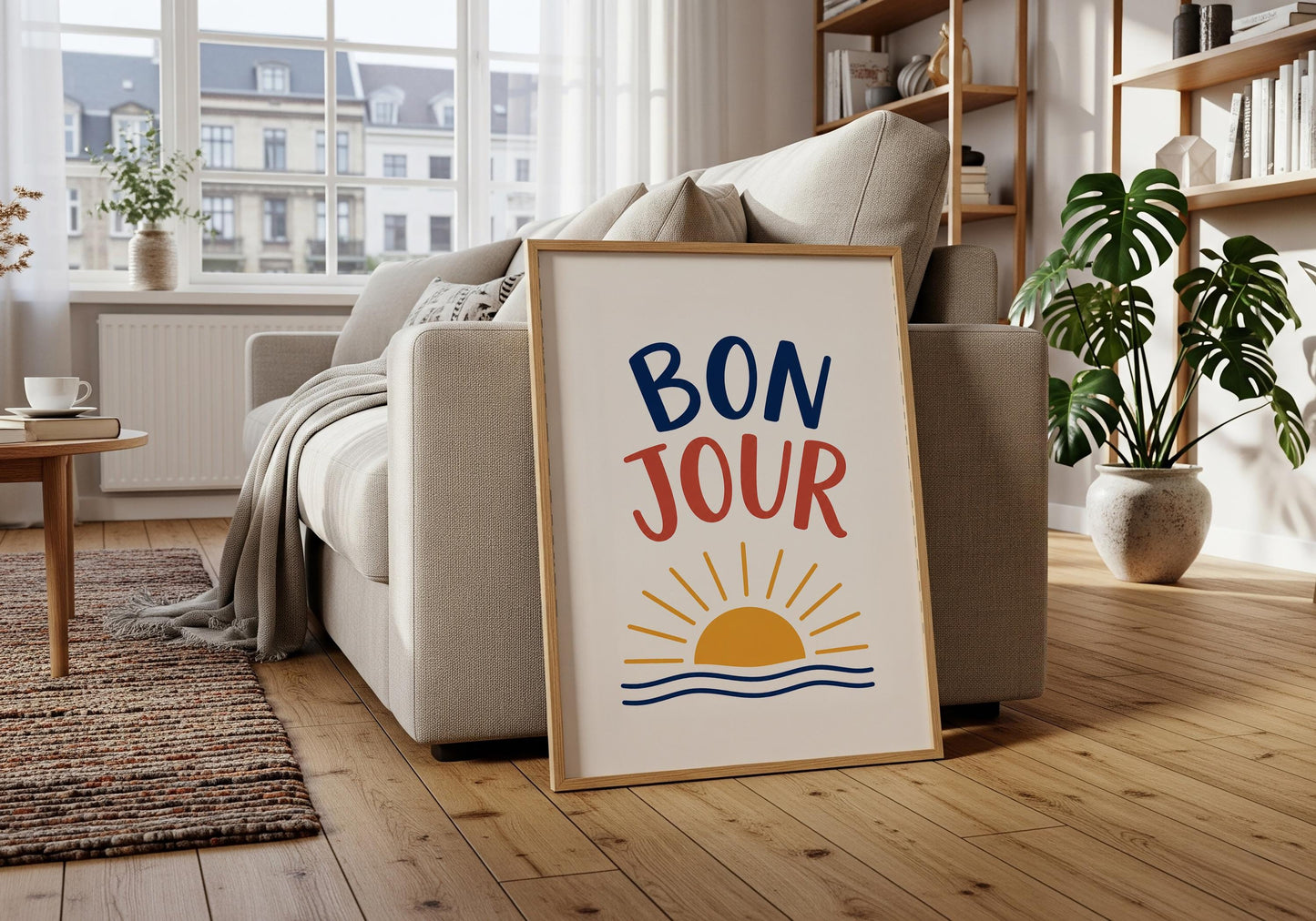 Minimalist Bonjour poster with warm sun and ocean illustration for Parisian-inspired interiors.