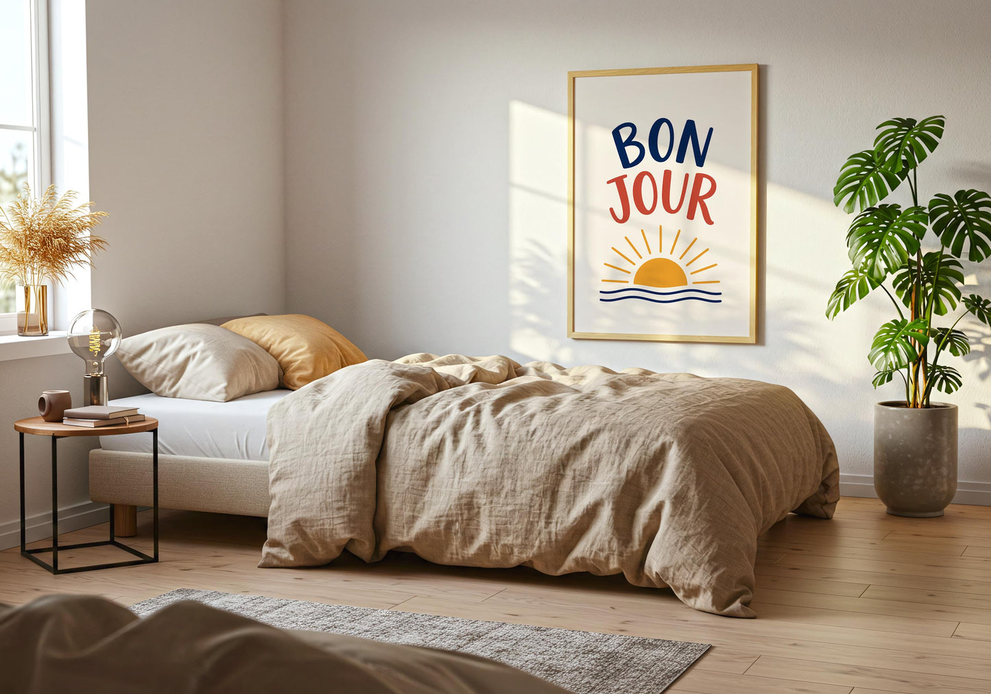 Typography wall art with a French greeting and minimalist coastal-inspired design.