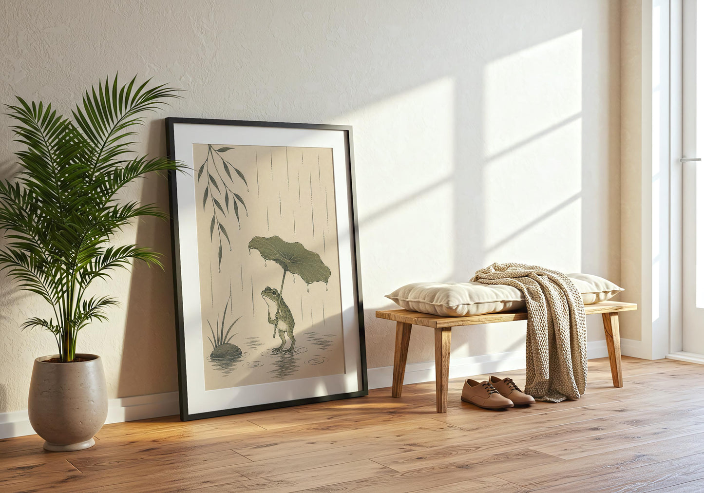 Botanical frog artwork with calming rain illustration and hand-drawn woodland aesthetic.