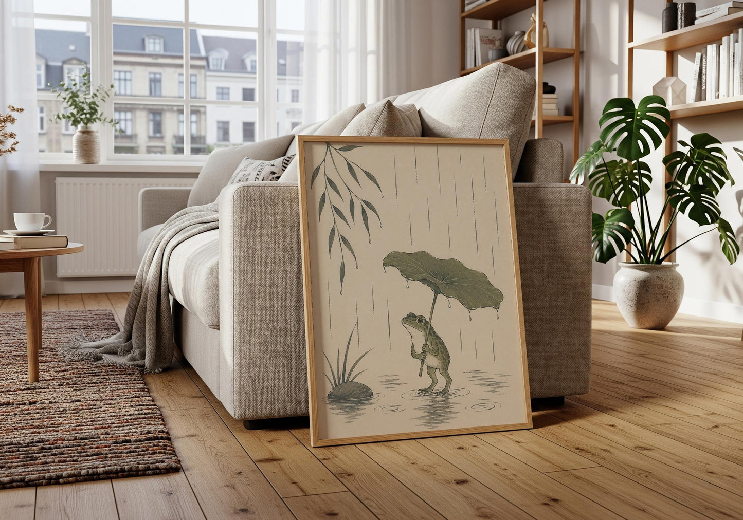 Nature-inspired frog print with lotus leaf umbrella and peaceful rainy landscape.