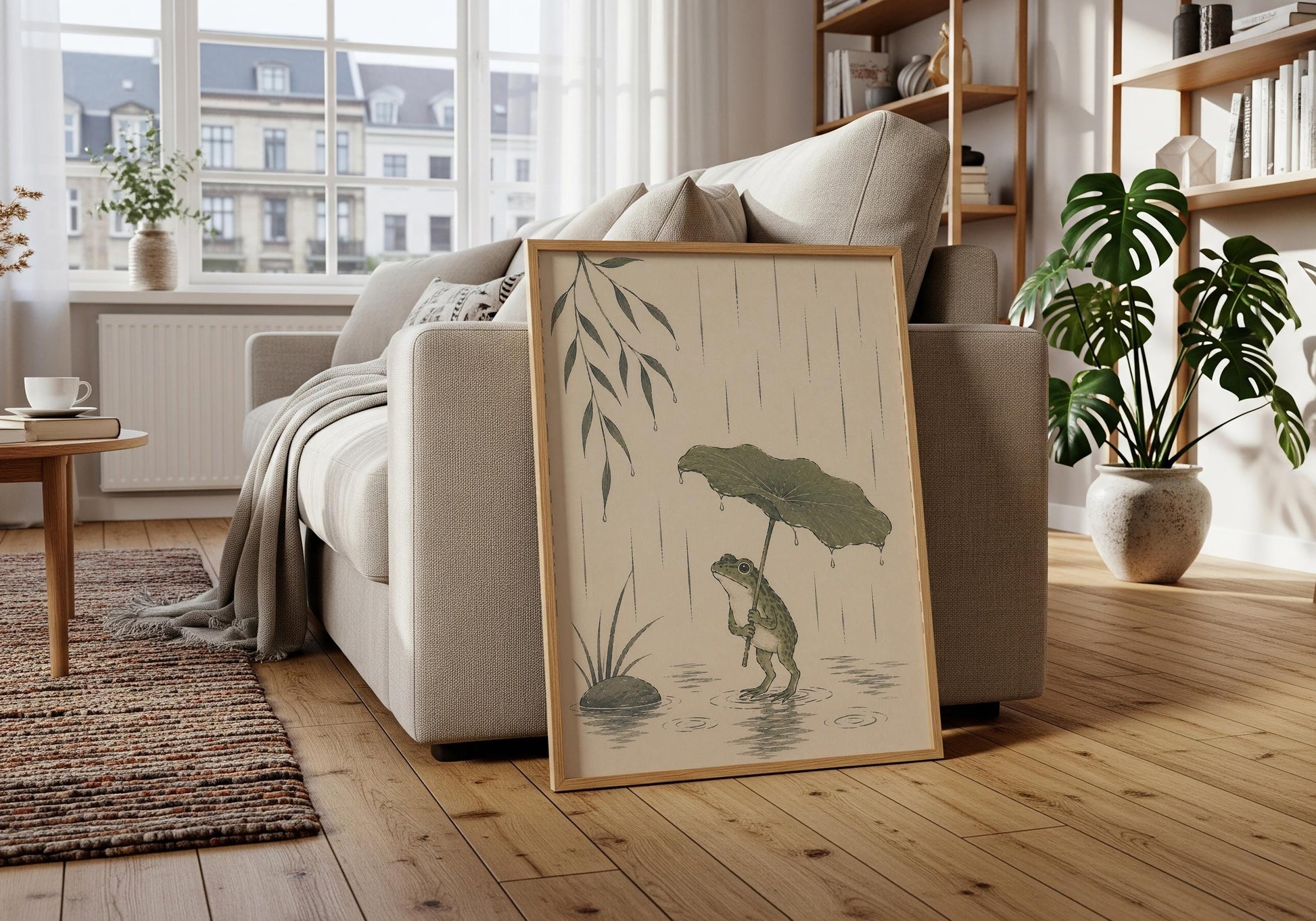 Nature-inspired frog print with lotus leaf umbrella and peaceful rainy landscape.