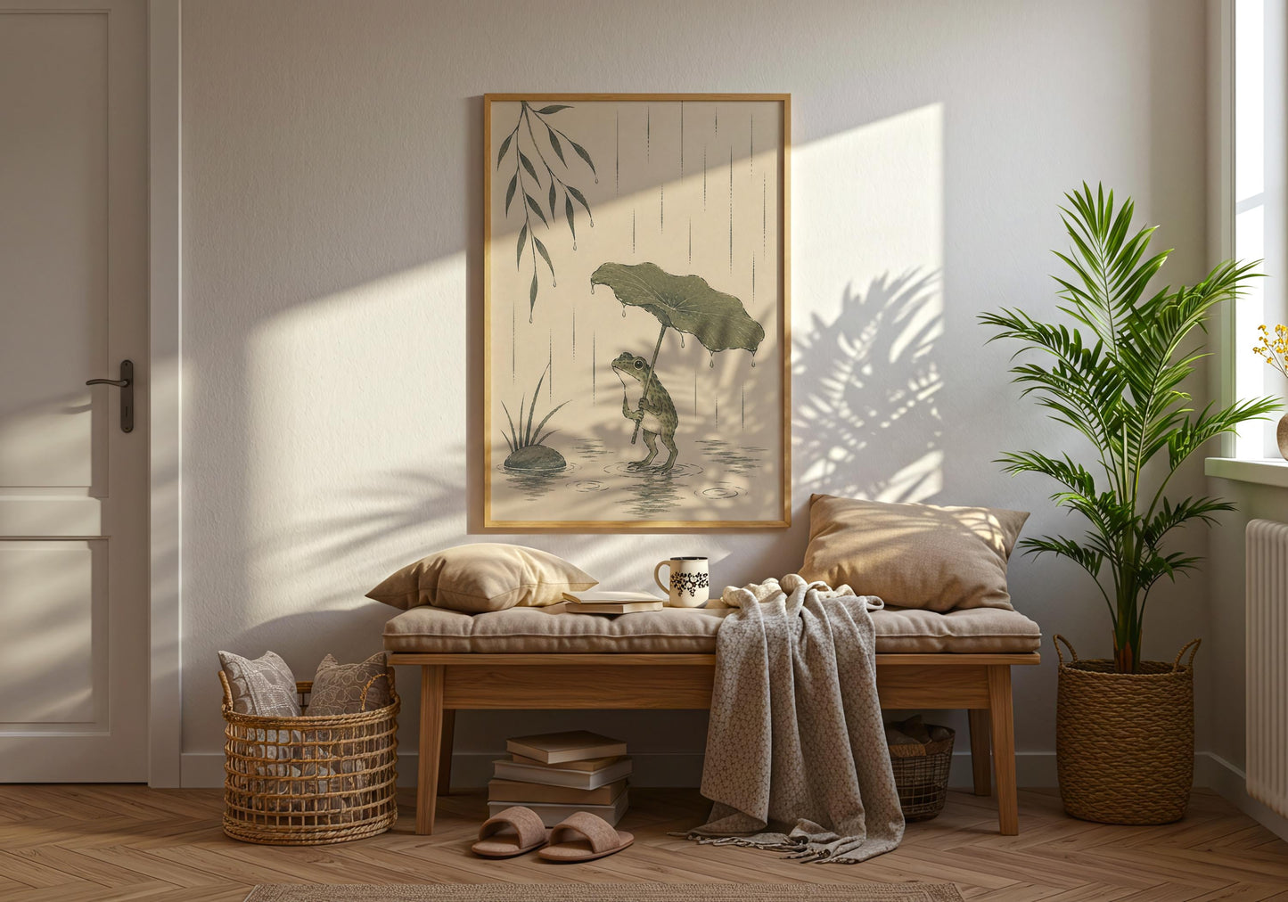 Cute woodland frog art print with lotus leaf umbrella for nature lovers and cottagecore homes.