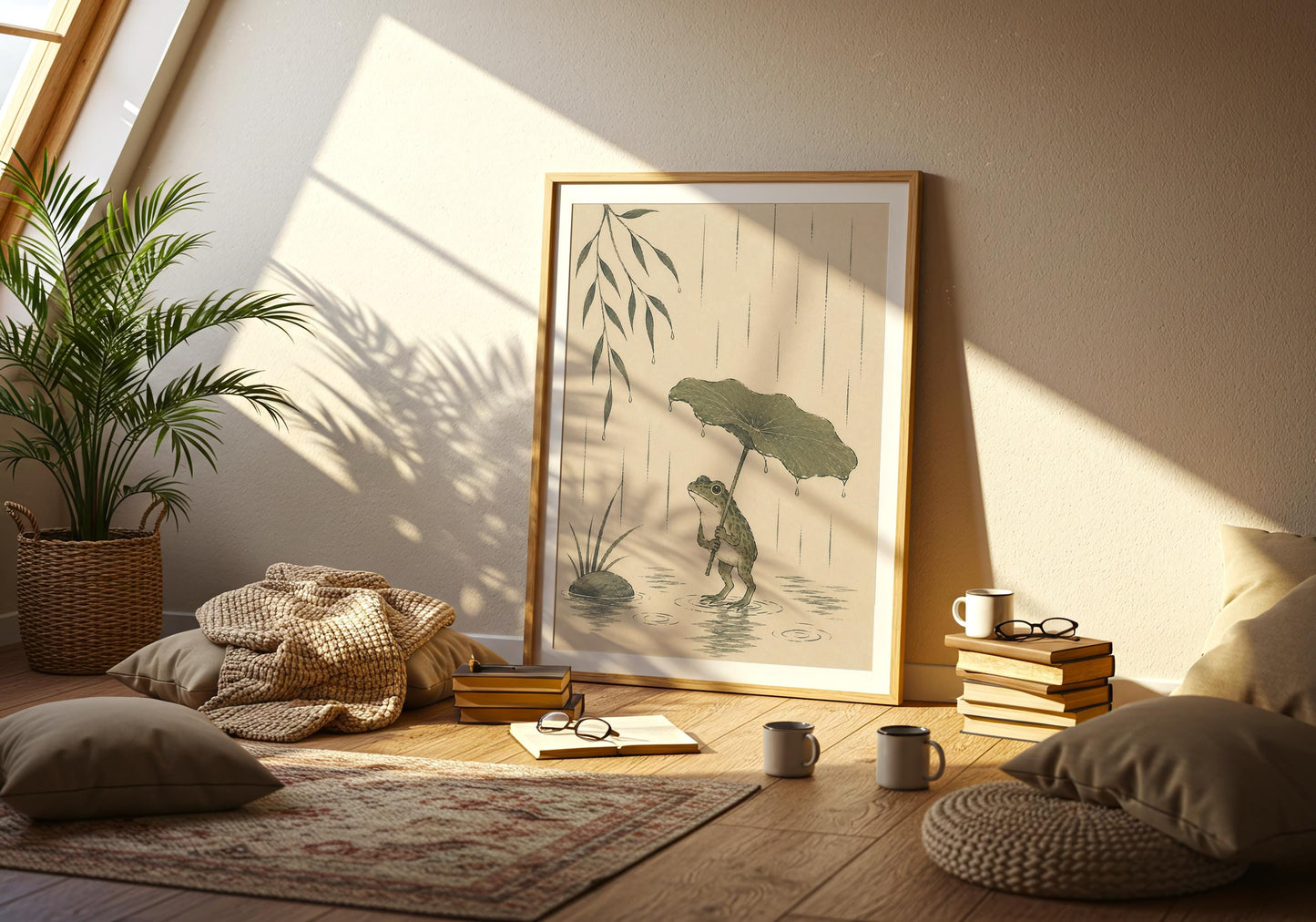 Frog nursery wall art with gentle rain, botanical details and calming neutral colour palette.
