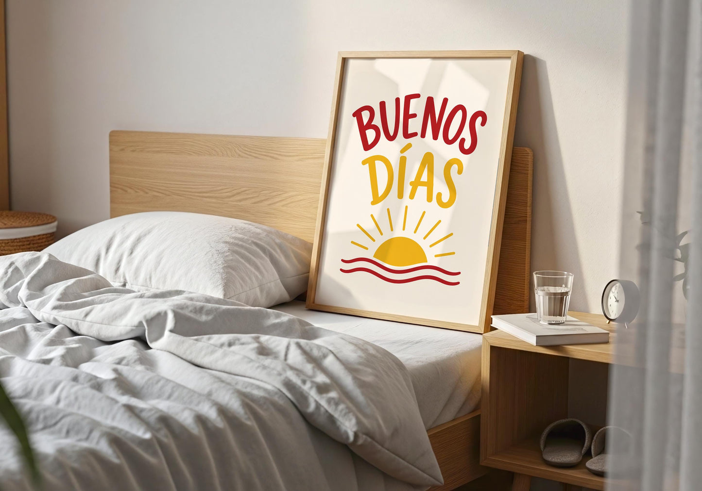 Minimalist Buenos Días poster featuring bold typography and a modern sun illustration.