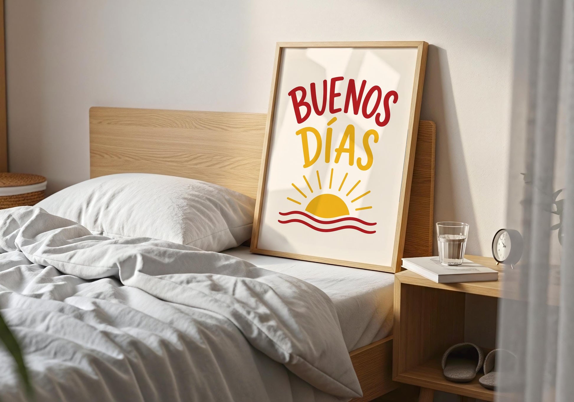 Minimalist Buenos Días poster featuring bold typography and a modern sun illustration.