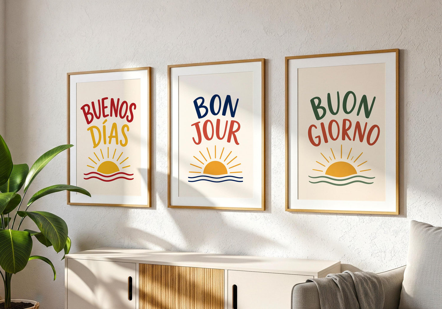 Kitchen wall art featuring the phrase Buon Giorno with a cheerful sunrise design.