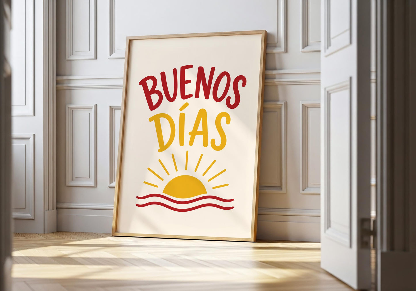 Buenos Días wall art featuring colourful Spanish typography with a minimalist sunrise illustration.