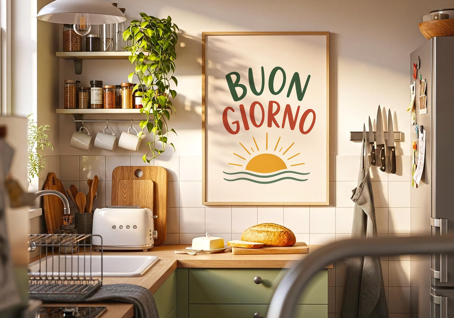 Modern Italian quote wall art perfect for contemporary kitchens and breakfast nooks.