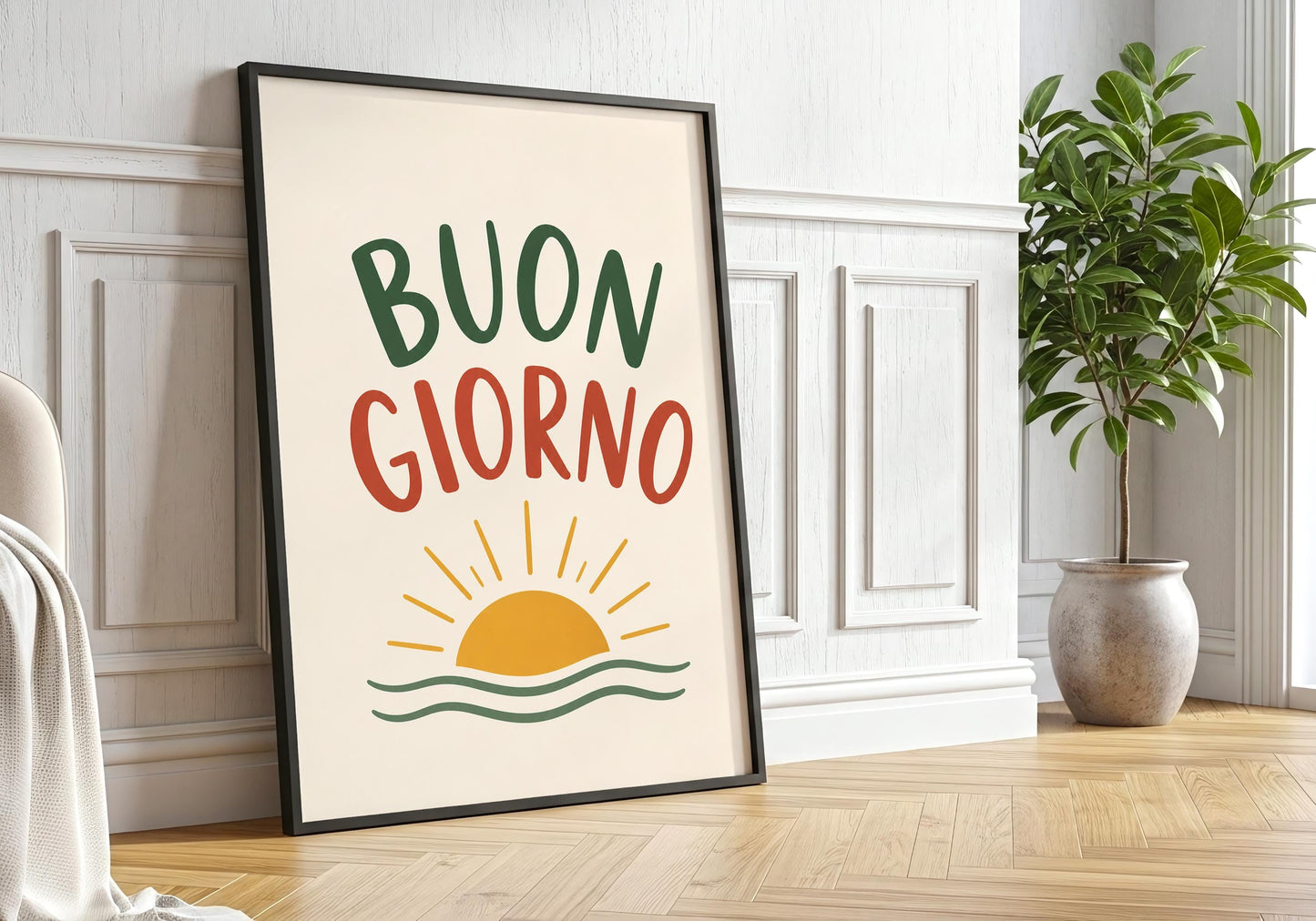 Italian quote print with warm sunrise artwork for Mediterranean home décor.