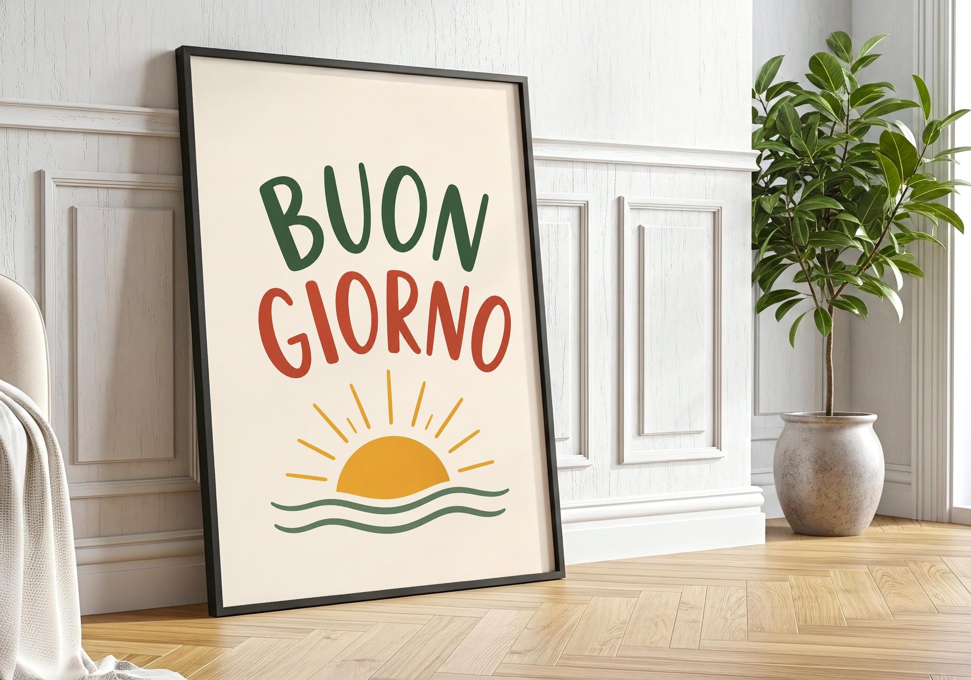 Italian quote print with warm sunrise artwork for Mediterranean home décor.