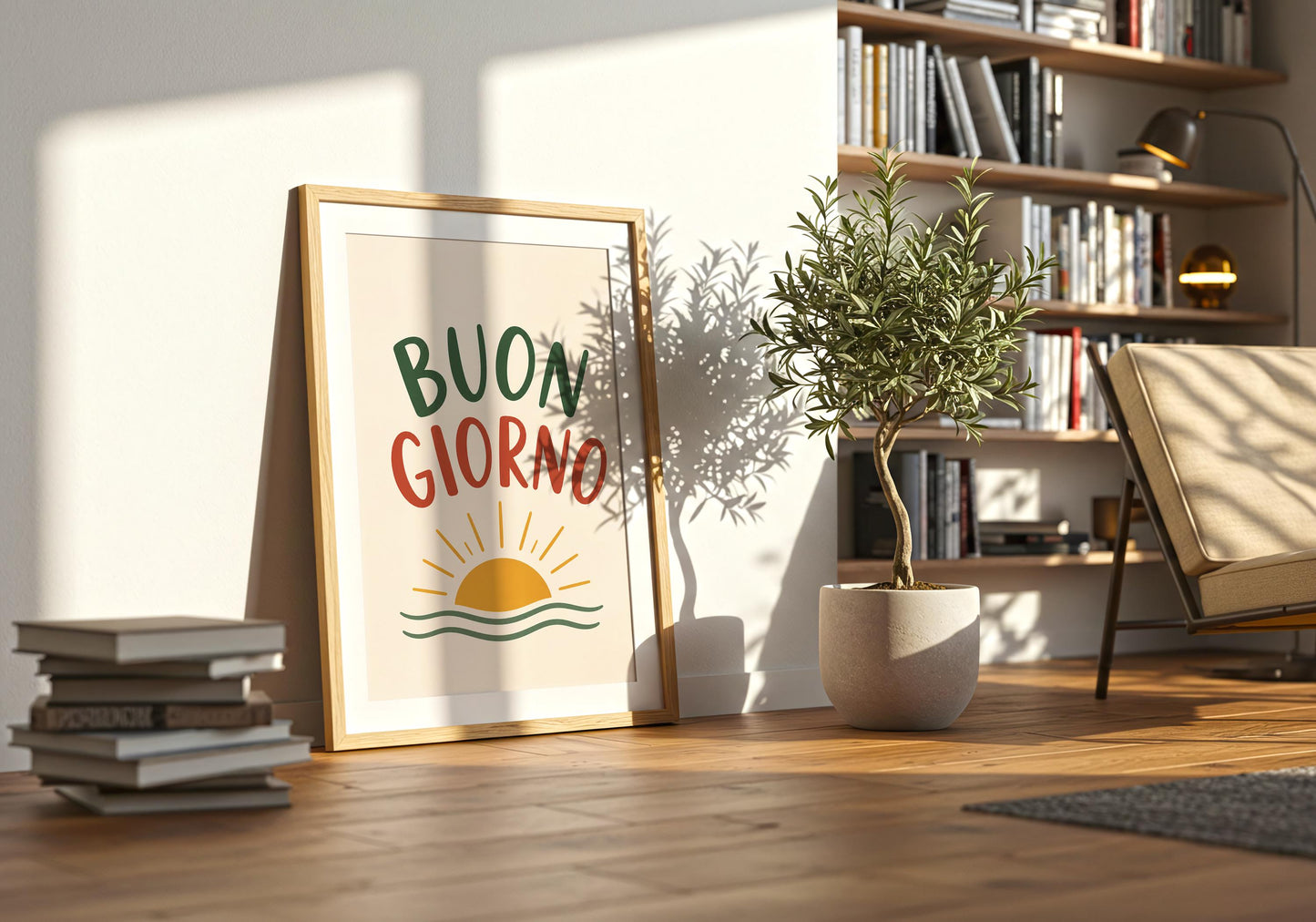 Mediterranean typography print with the phrase Buon Giorno and minimalist sunrise graphic.