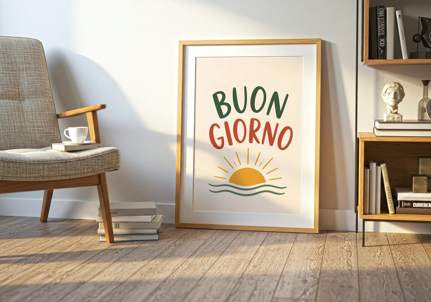 Minimalist Buon Giorno poster featuring bold typography and a modern sun illustration.