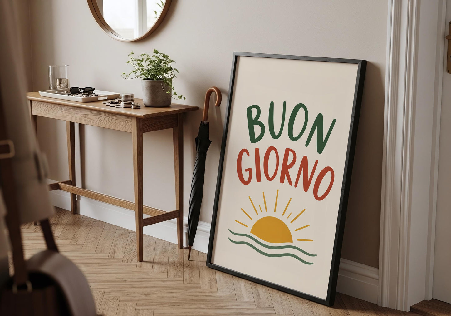 Bright Italian typography poster with sunrise illustration for Mediterranean-inspired interiors.