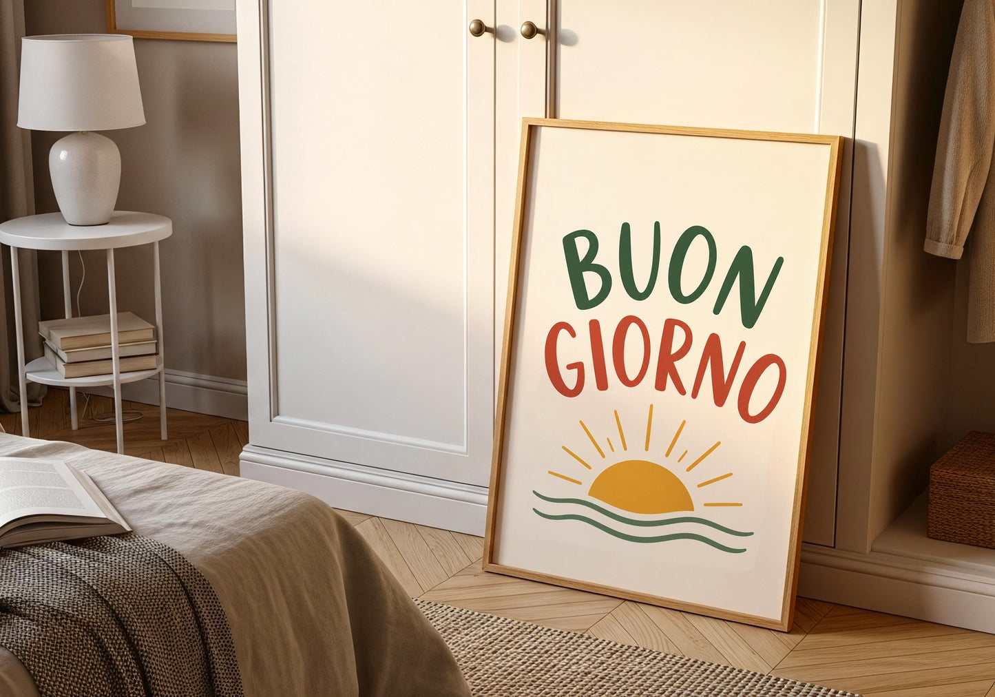 Italian-inspired wall art with minimalist typography and Mediterranean colour palette.