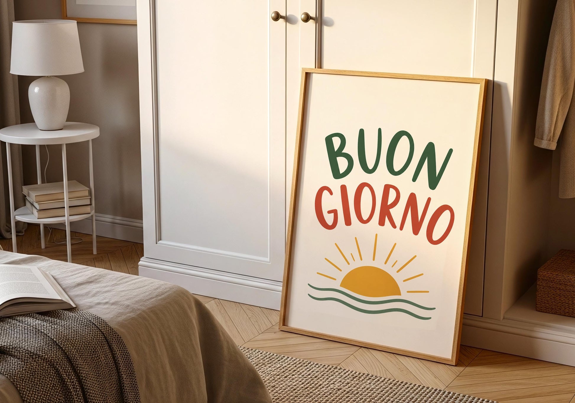 Italian-inspired wall art with minimalist typography and Mediterranean colour palette.