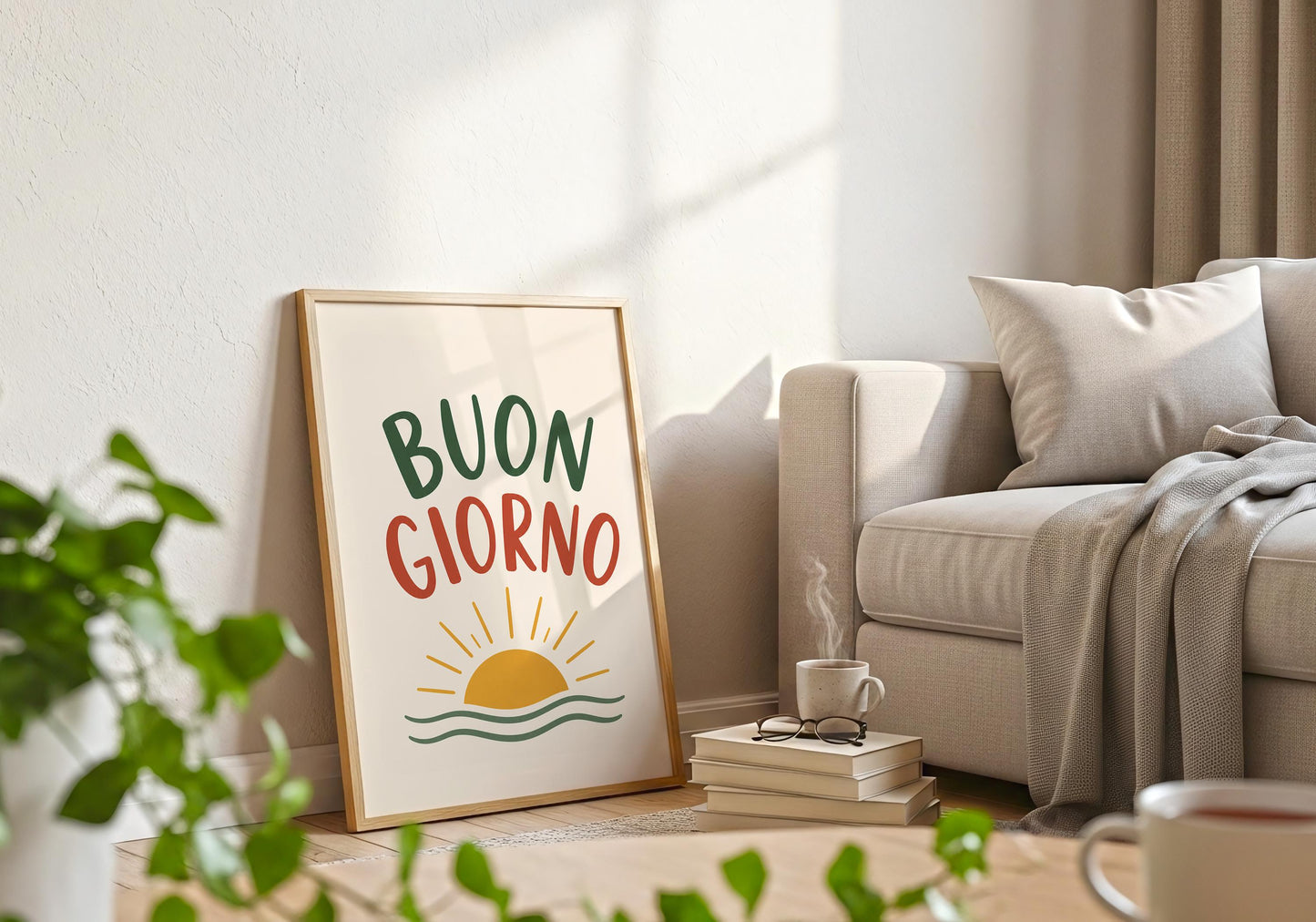 Contemporary Buon Giorno print featuring colourful lettering and warm sunshine artwork.