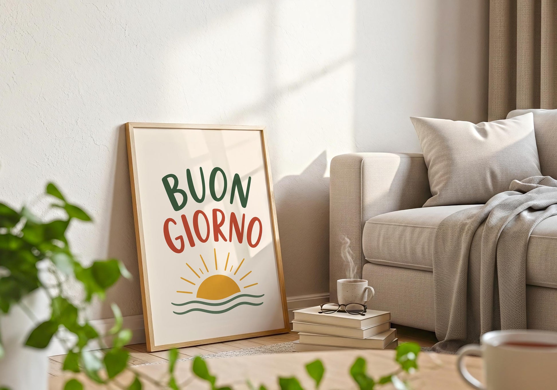 Contemporary Buon Giorno print featuring colourful lettering and warm sunshine artwork.