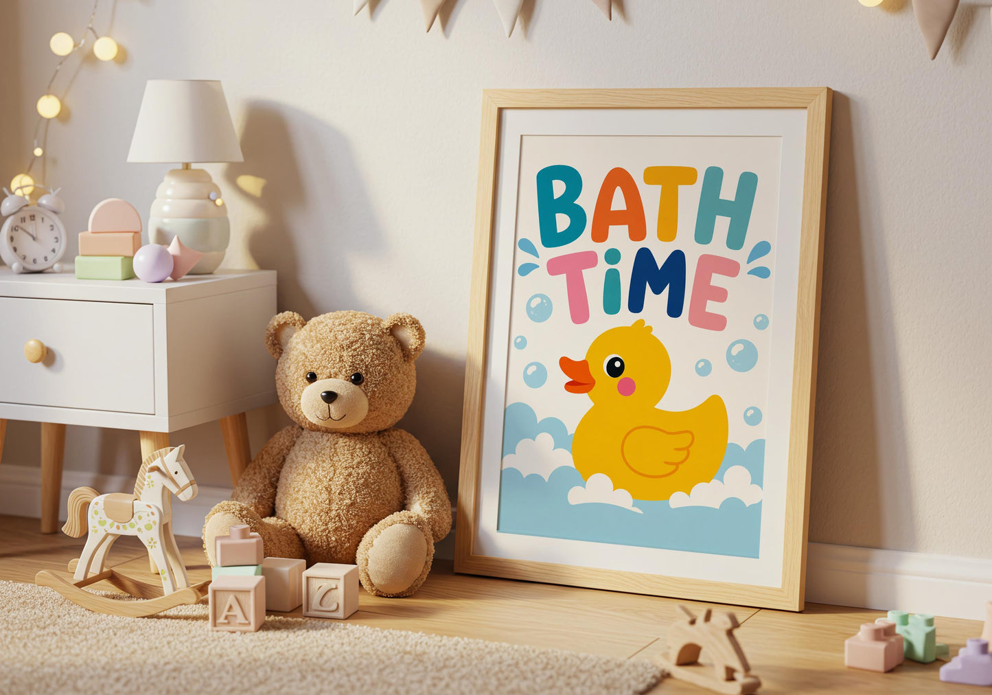 Cute rubber duck wall art designed for children's bathrooms and nurseries.
