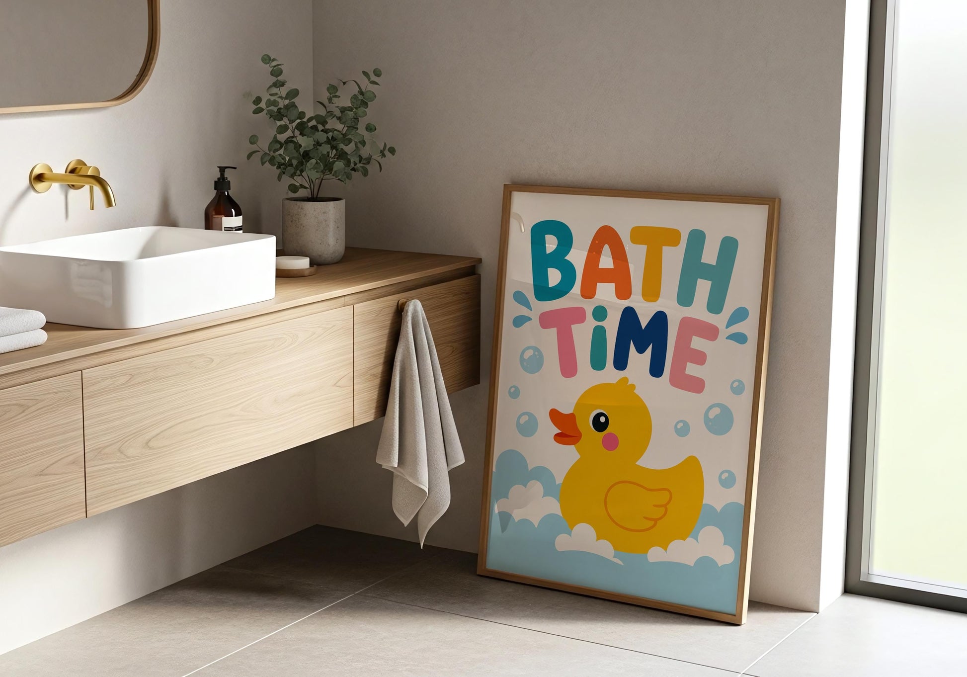 Colourful bath time poster with a smiling duck surrounded by bubbles and foam.