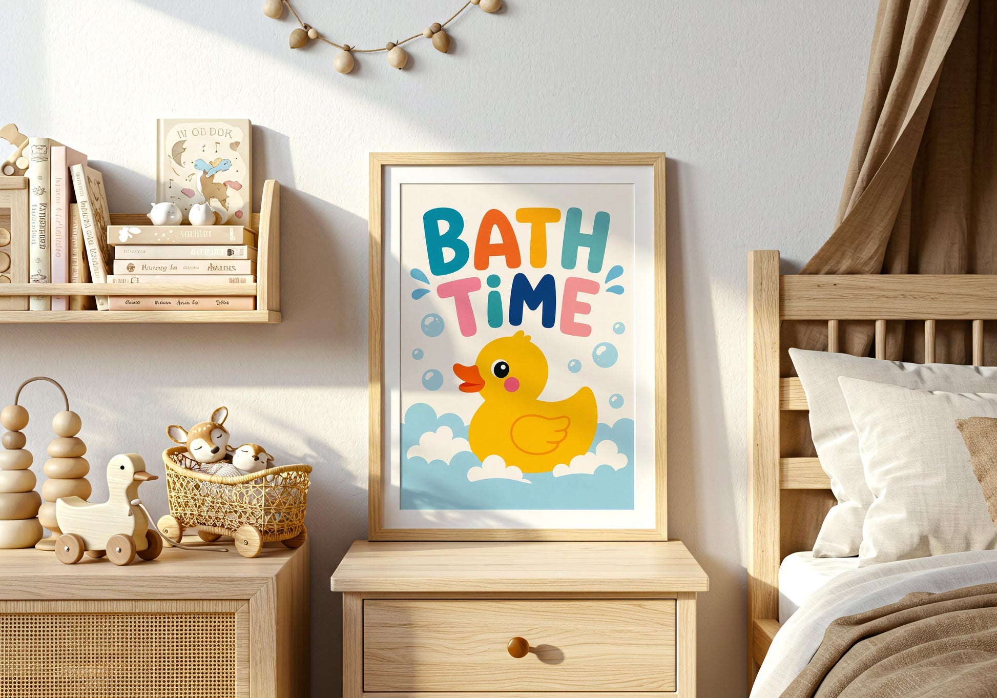 Kids bathroom print with a cheerful rubber duck and playful Bath Time message.