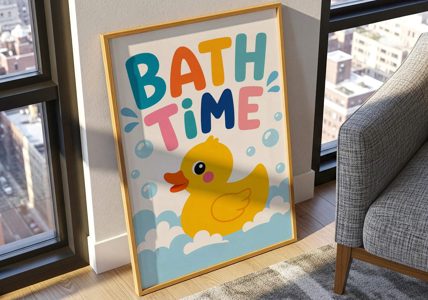 Children's bathroom wall art featuring a fun rubber duck illustration and bright typography.