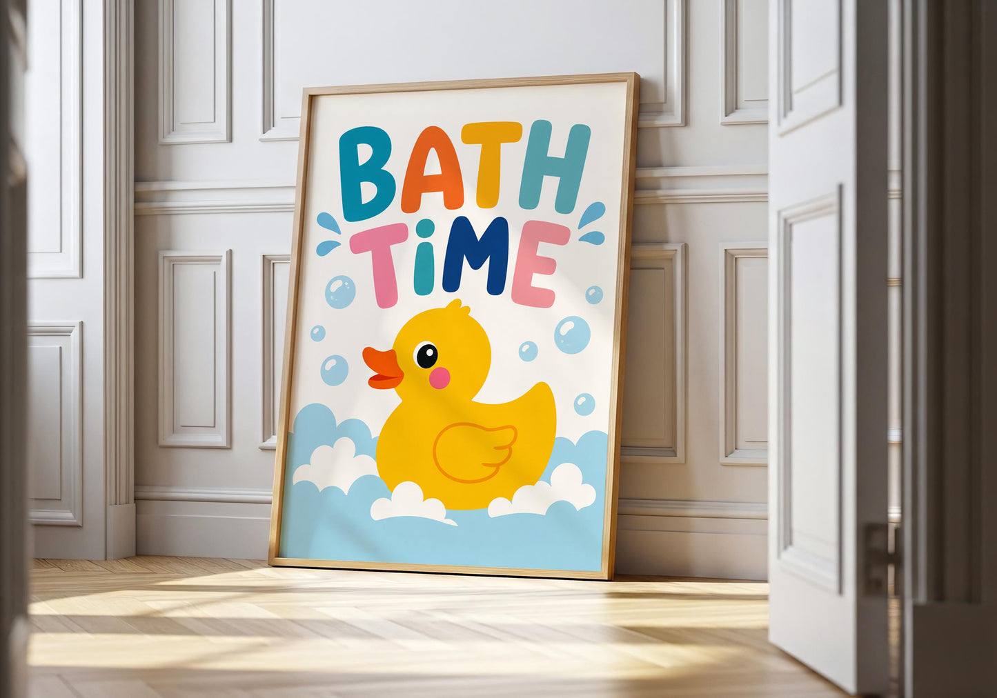 Bath Time wall art featuring a cute yellow rubber duck with colourful typography and bubbles for kids' bathroom décor.