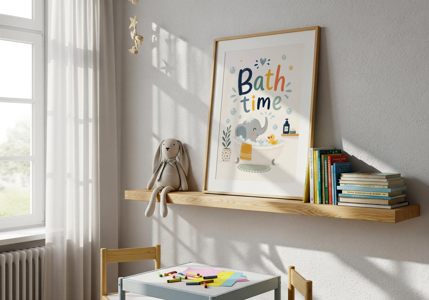 Cute nursery wall art showing a smiling elephant taking a bubble bath with a yellow rubber duck.