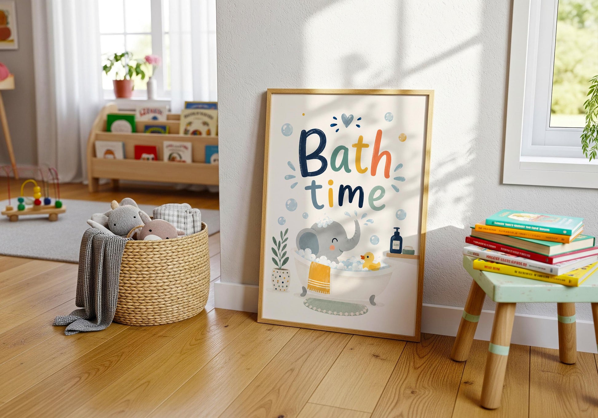 Animal bathroom wall art with a cute elephant enjoying a bubble bath.