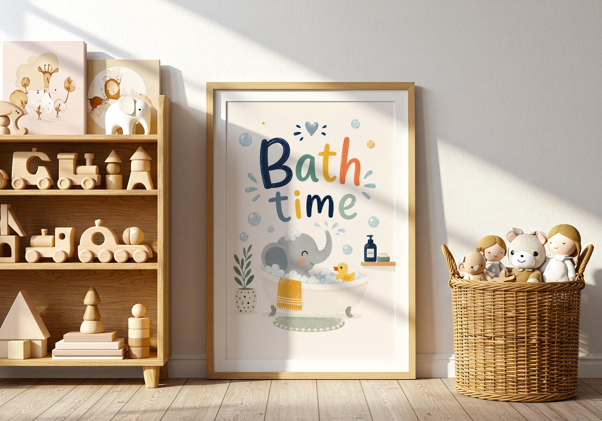 Bath time wall art featuring a cute elephant in a bubble bath with a rubber duck for nursery bathroom decor.