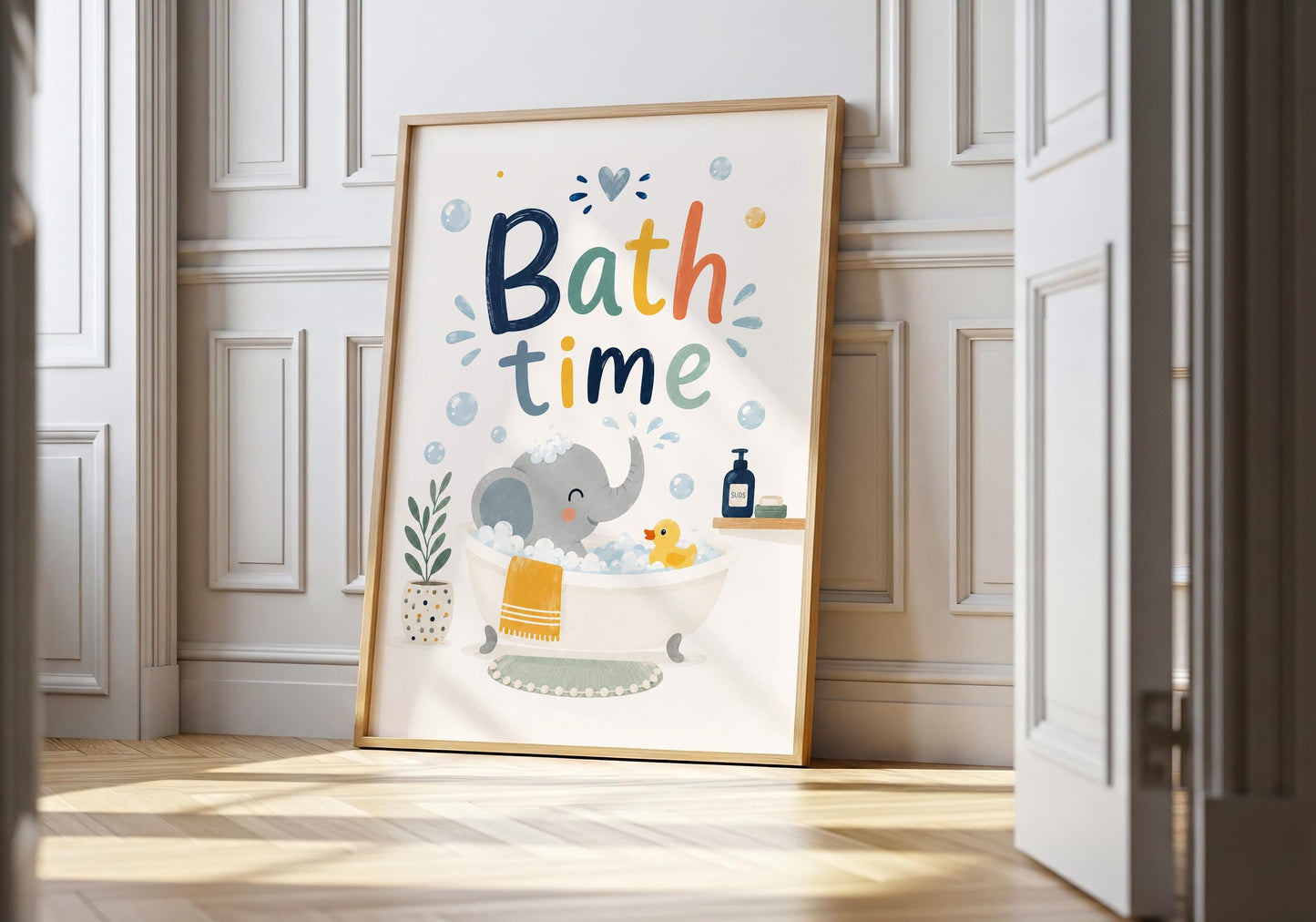 Bath time nursery poster with an elephant in a bathtub creating a fun and calming bathroom theme.