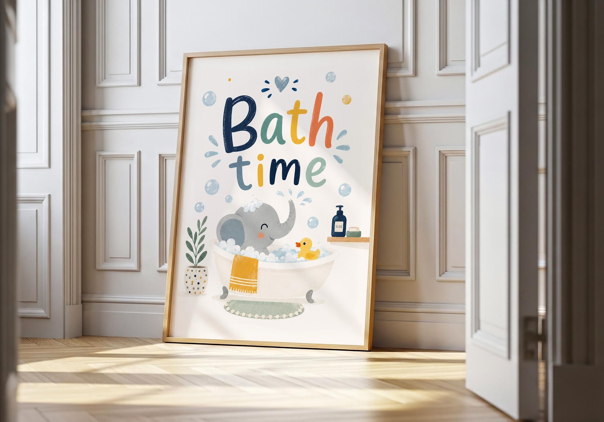 Bath time nursery poster with an elephant in a bathtub creating a fun and calming bathroom theme.