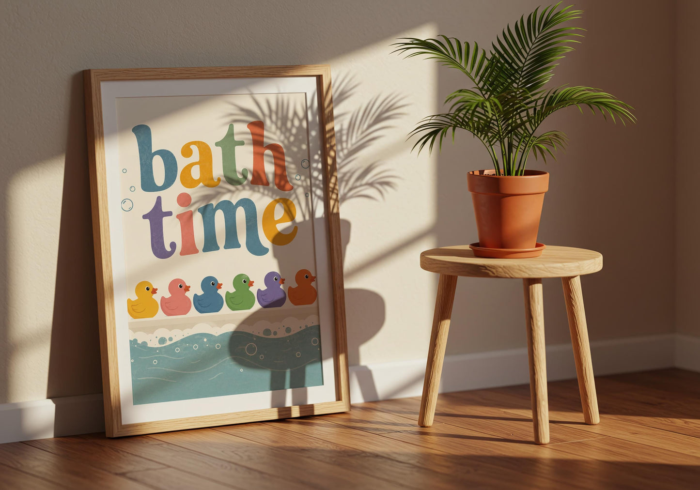 Kids bathroom poster with six colourful rubber ducks and modern bath time lettering.