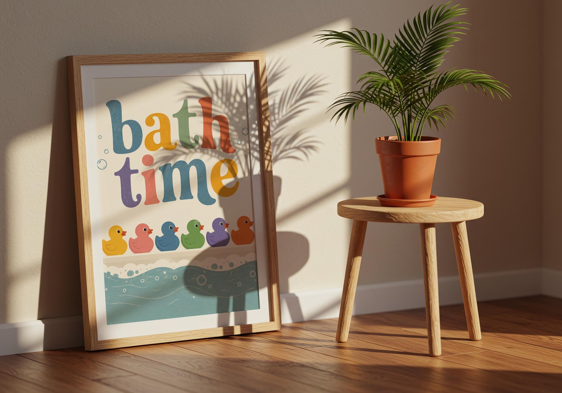 Kids bathroom poster with six colourful rubber ducks and modern bath time lettering.