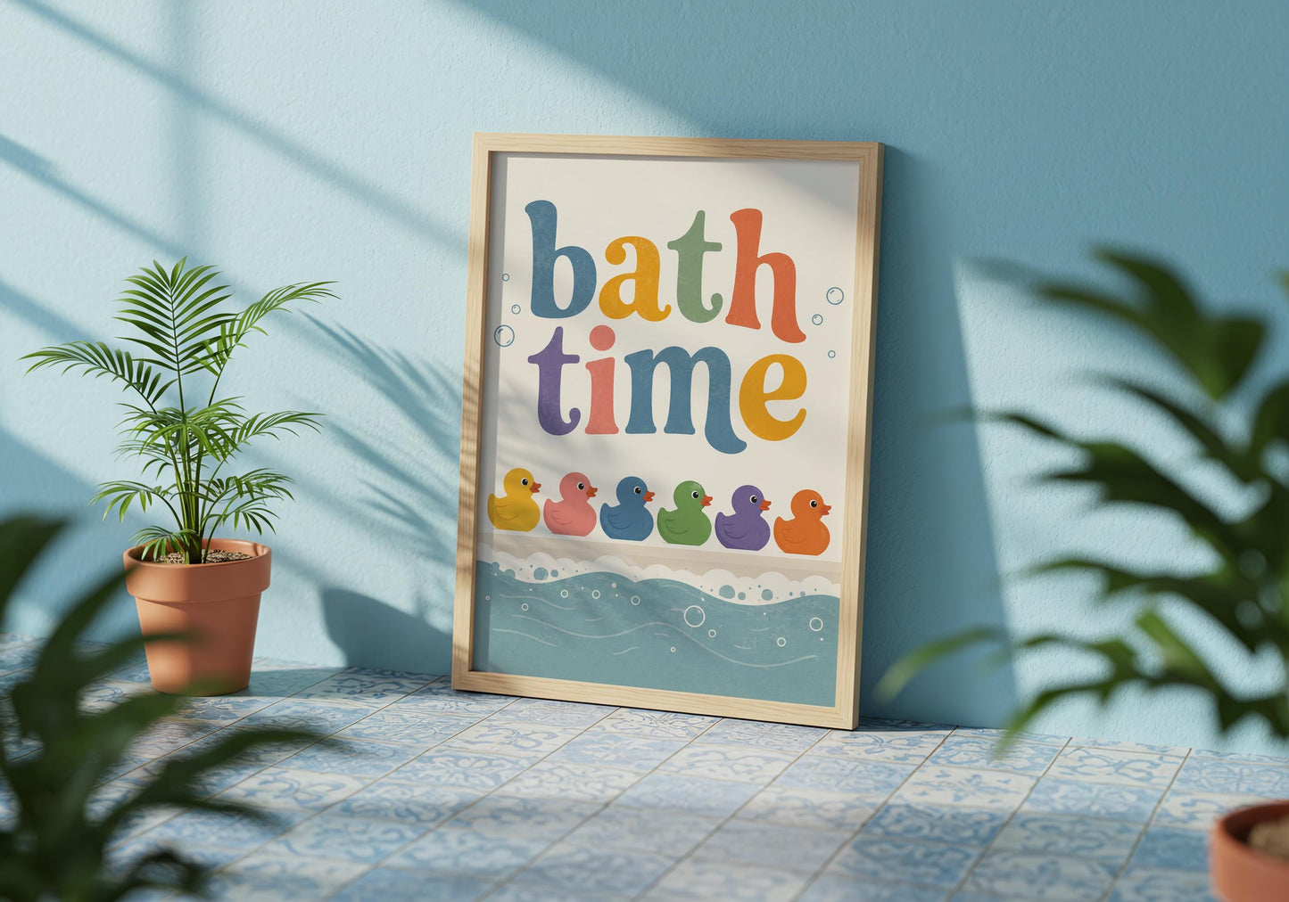 Nursery bathroom print featuring rainbow rubber ducks and bubbly water illustration.