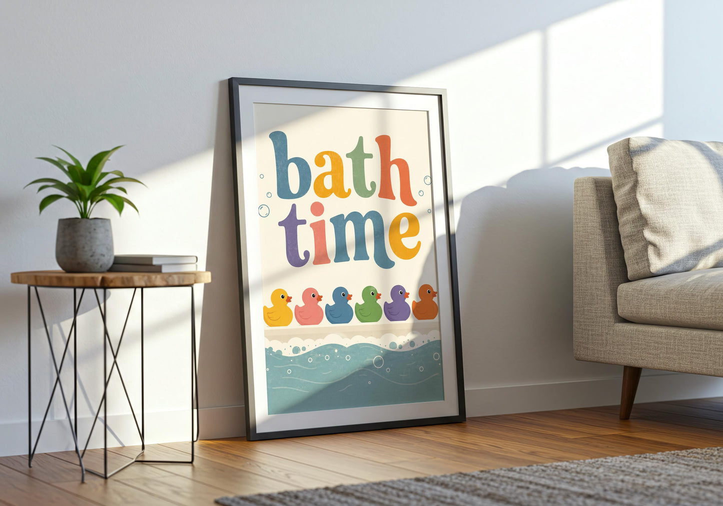 Cute bath time print with rainbow rubber ducks and playful typography for a nursery bathroom.
