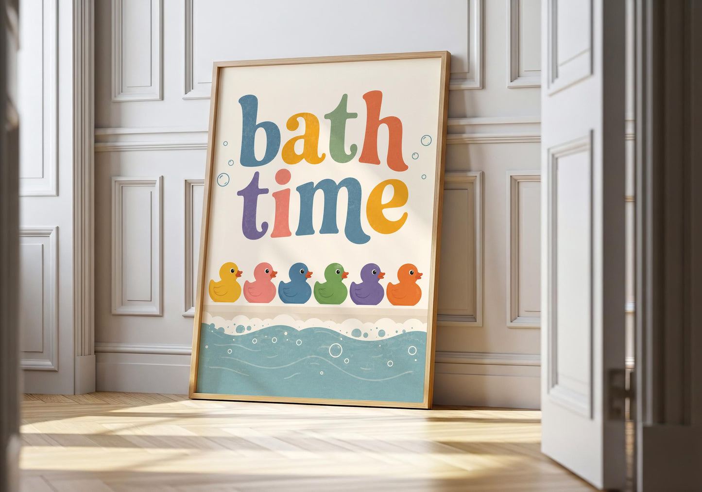 Bath time wall art featuring colourful rubber ducks floating above bubbly water for kids' bathroom decor.