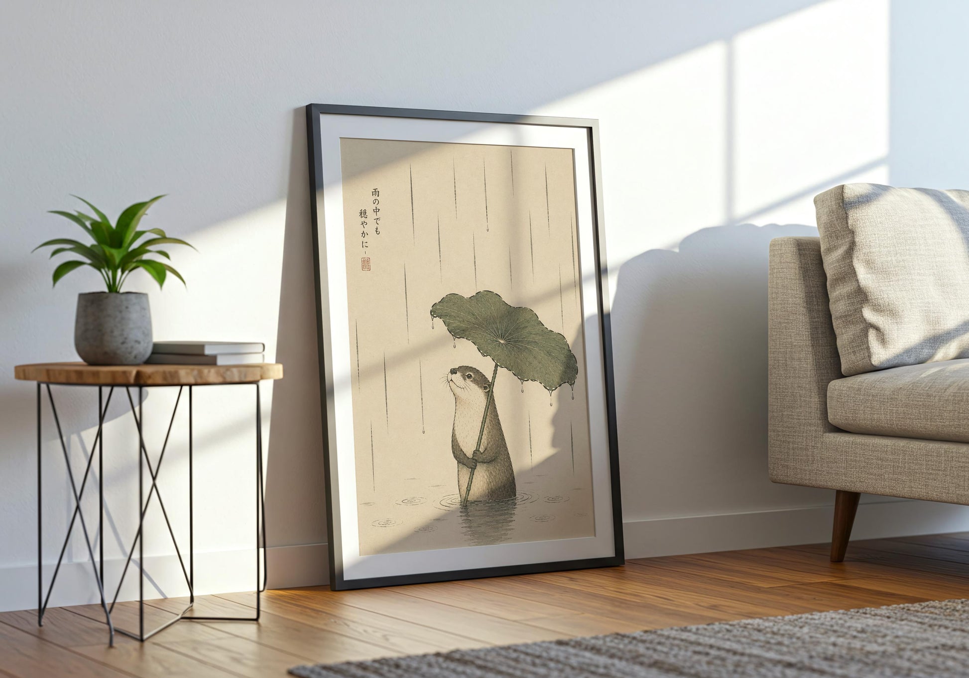 Japandi wall art featuring a serene otter beneath a lotus leaf in a tranquil rainy landscape.