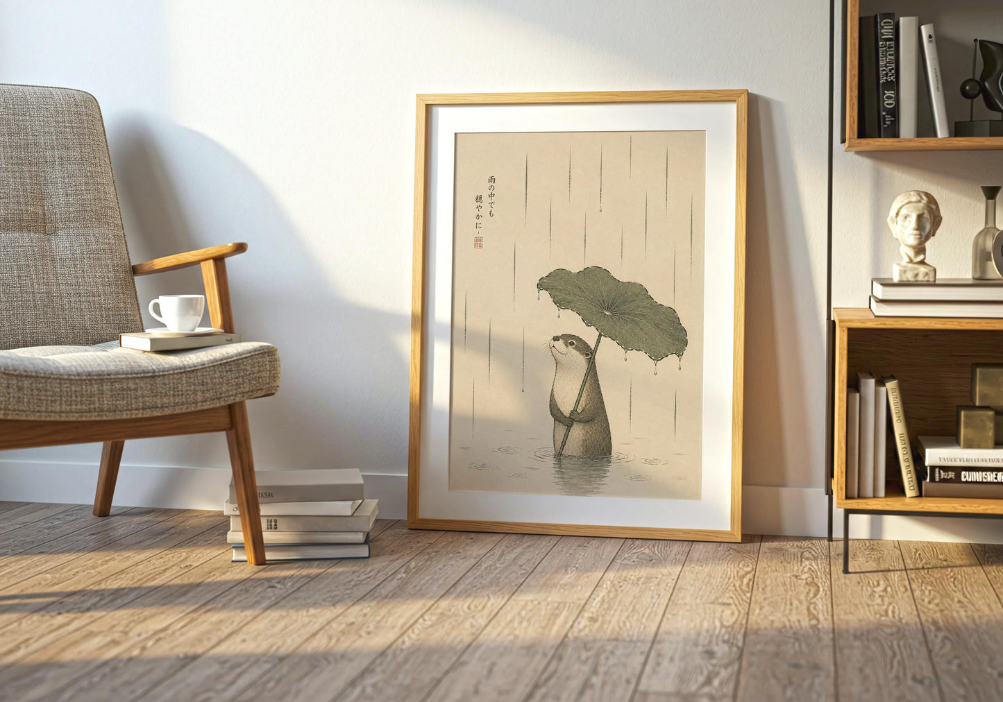 Zen otter print with Japanese writing that translates to "Even in the rain, let us remain calm."