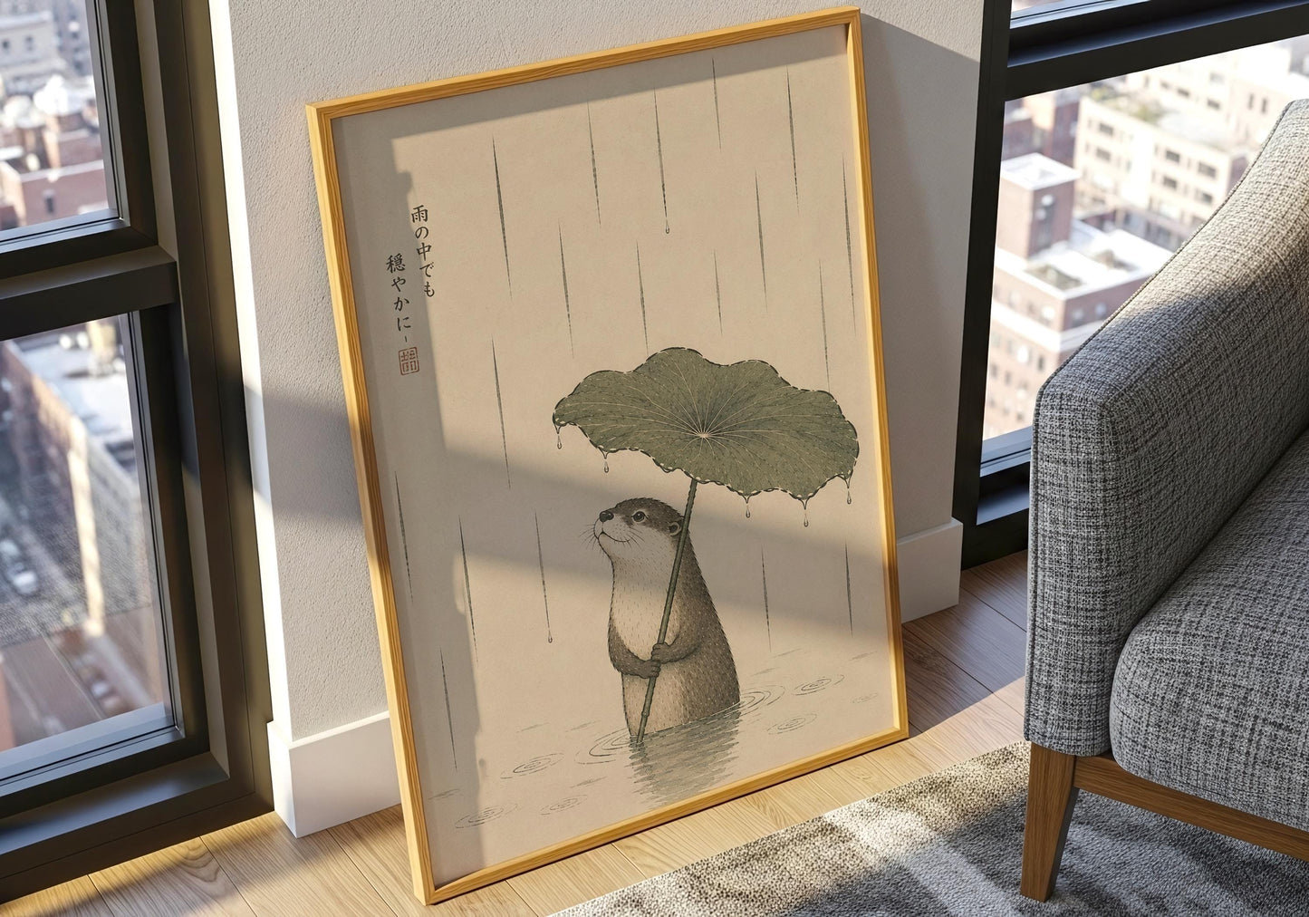 Wabi Sabi inspired otter artwork with minimalist rain scene and traditional Japanese aesthetic.