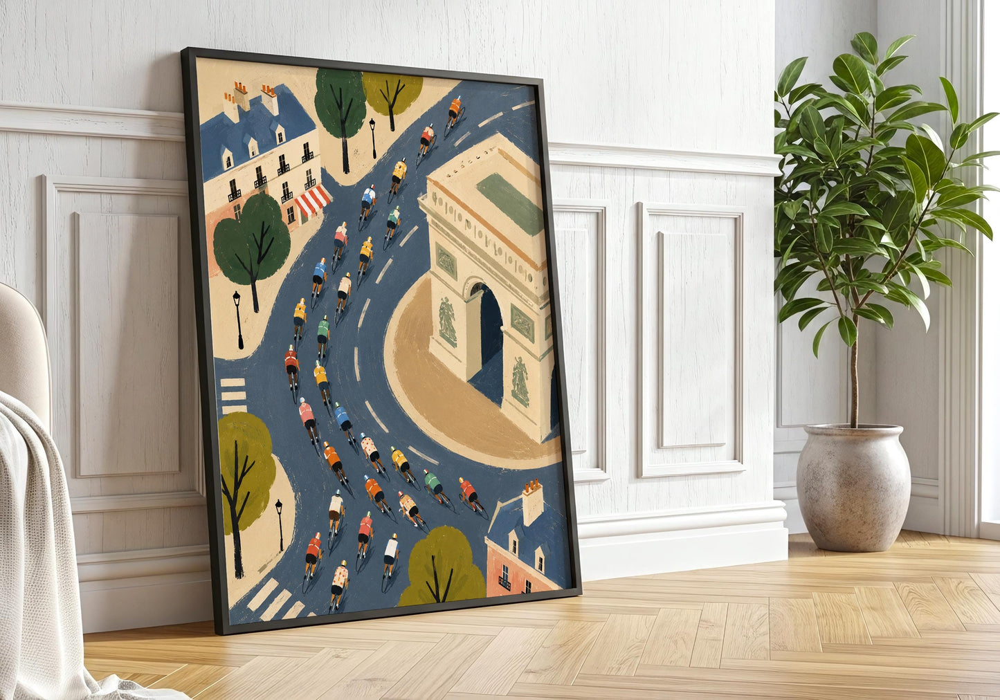 Tour de France inspired art print showing cyclists riding through the streets of Paris.
