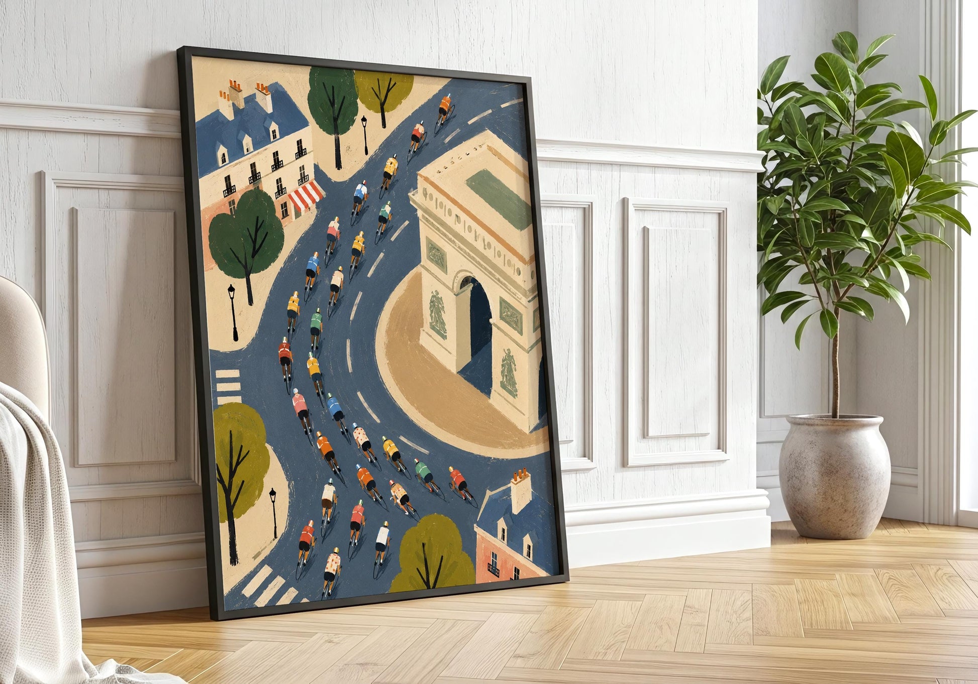 Tour de France inspired art print showing cyclists riding through the streets of Paris.