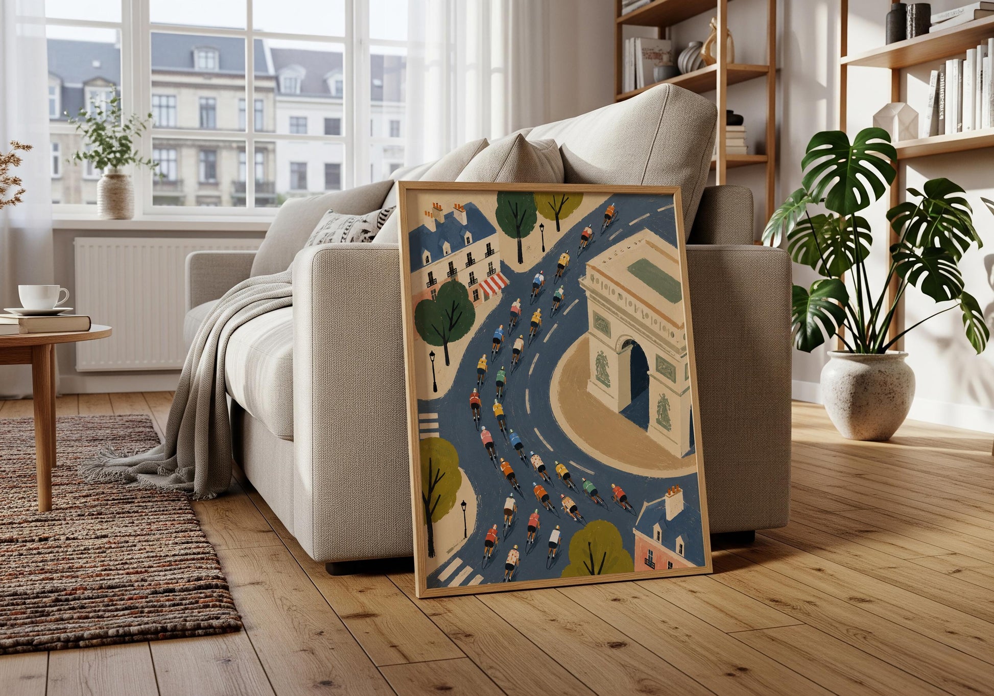 Cycling artwork inspired by Paris with detailed streets, architecture and riders.