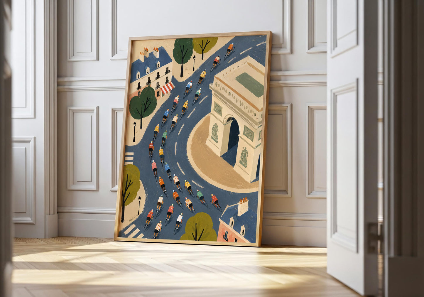 Paris cycling wall art featuring cyclists racing around the Arc de Triomphe in a colourful illustrated cityscape.