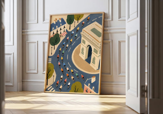 Paris cycling wall art featuring cyclists racing around the Arc de Triomphe in a colourful illustrated cityscape.