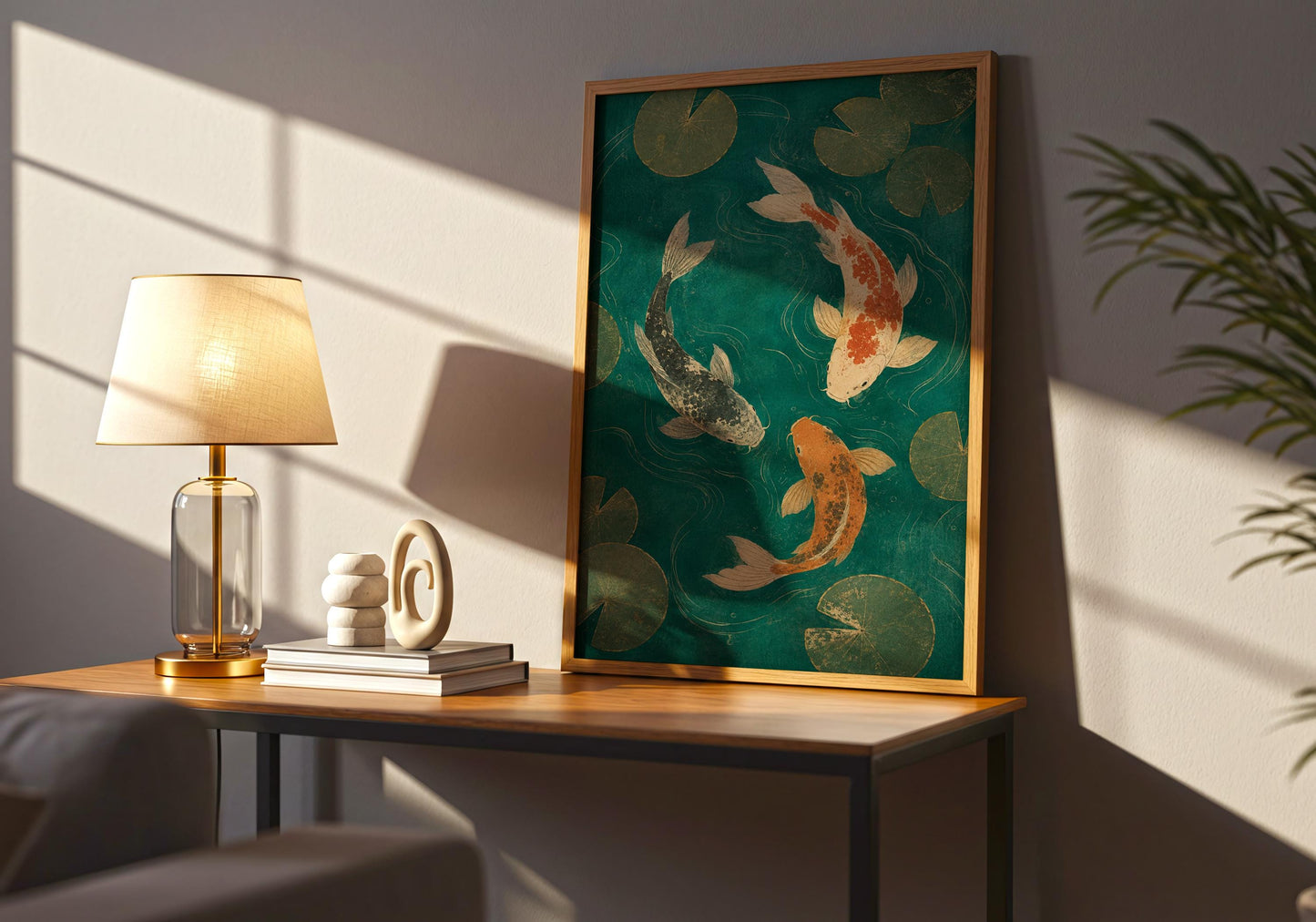 Minimalist Japanese koi poster perfect for living rooms, bedrooms and meditation spaces.