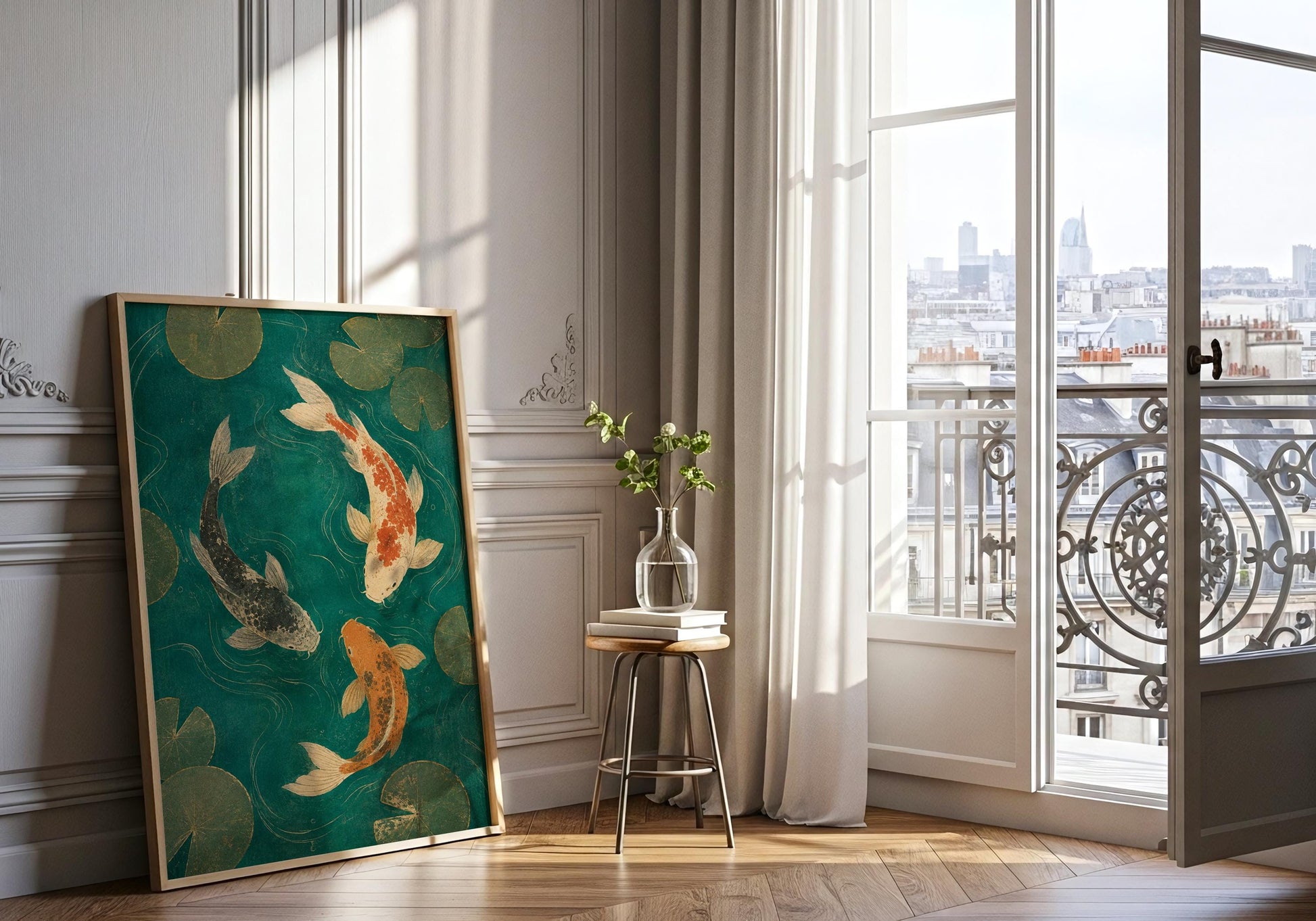 Zen wall art showing colourful koi fish surrounded by lily pads in a peaceful pond.