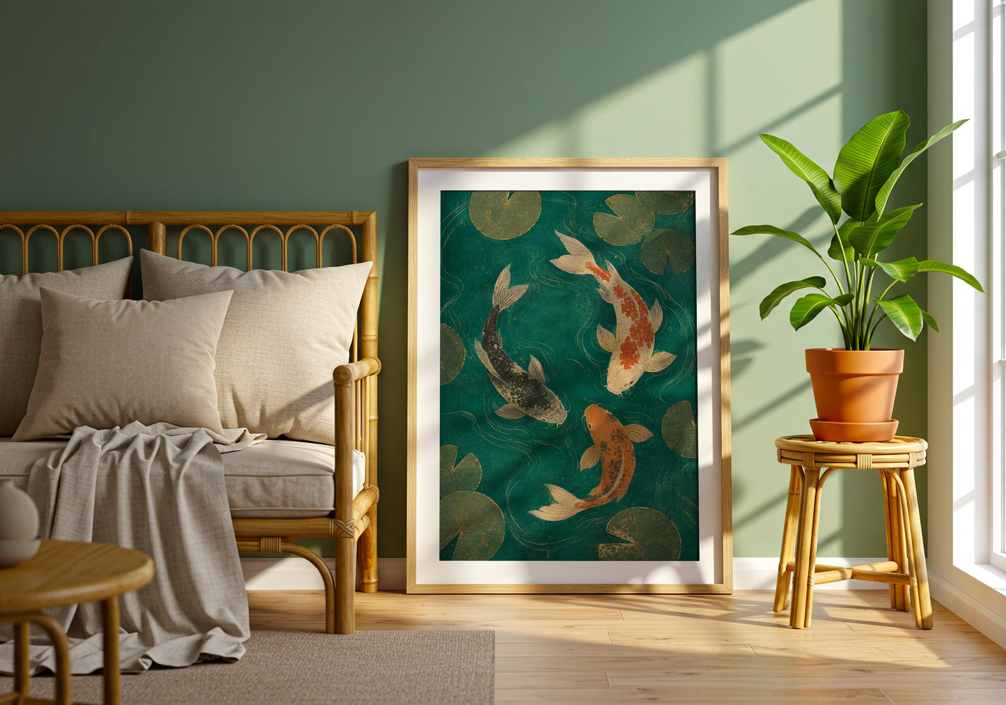 Botanical koi fish illustration with floating lily pads and serene Japanese aesthetic.