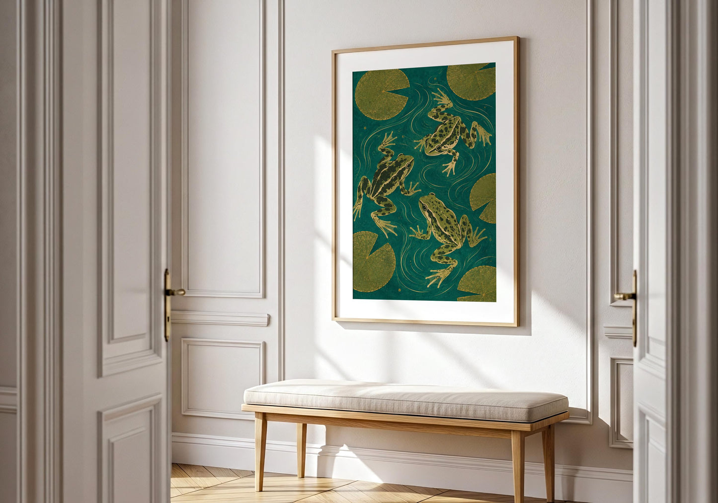 Wildlife wall art featuring realistic frogs in a peaceful pond setting.