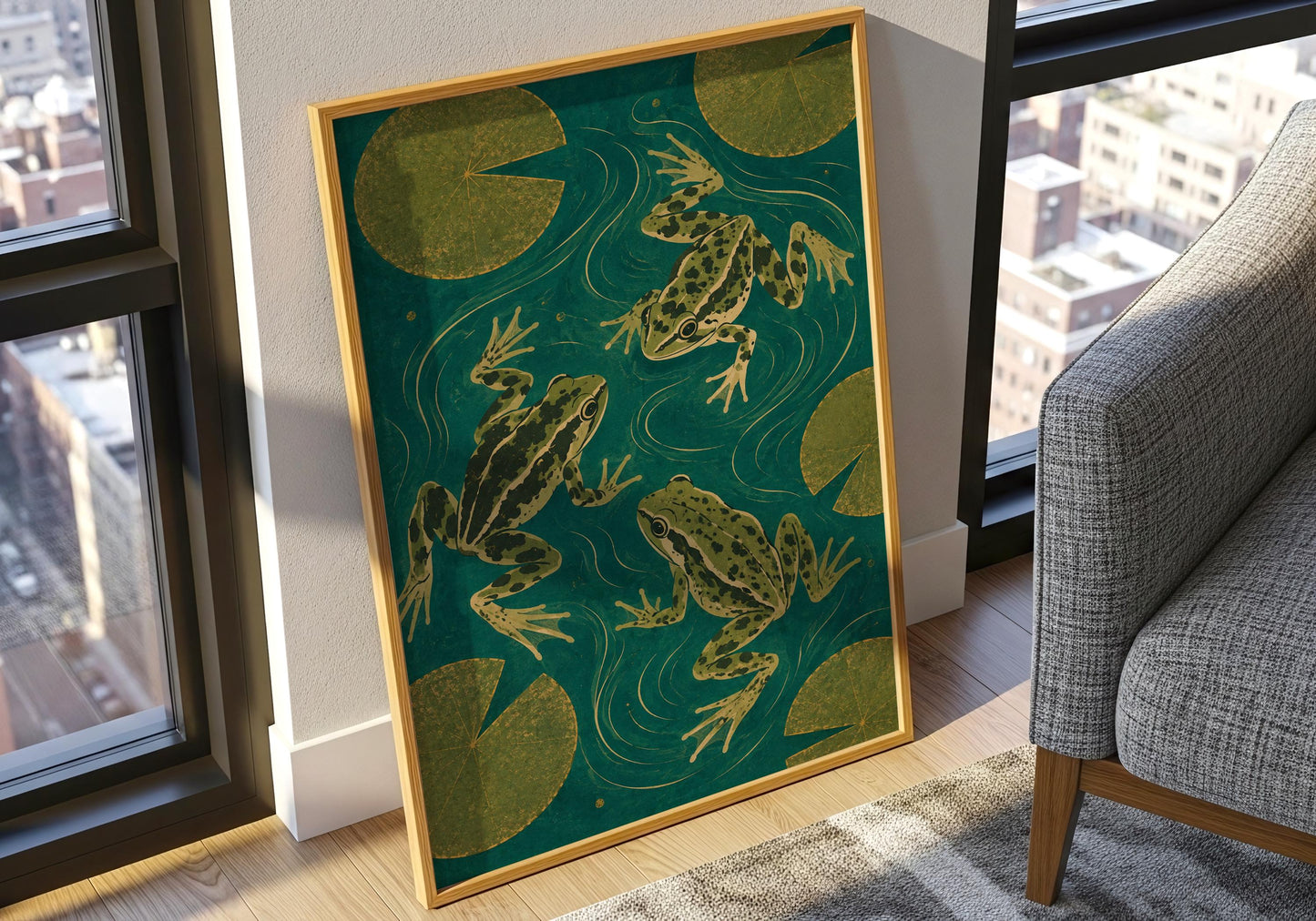 Green frog illustration with lily pads inspired by woodland ponds and nature.